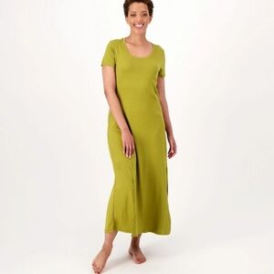 Cuddl Duds Olive Double front opening Short Sleeve Womens Maxi Dress Size PL